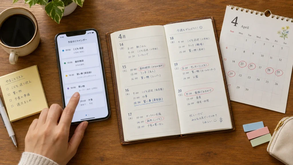 定が重なった手帳、カレンダー、スマホ