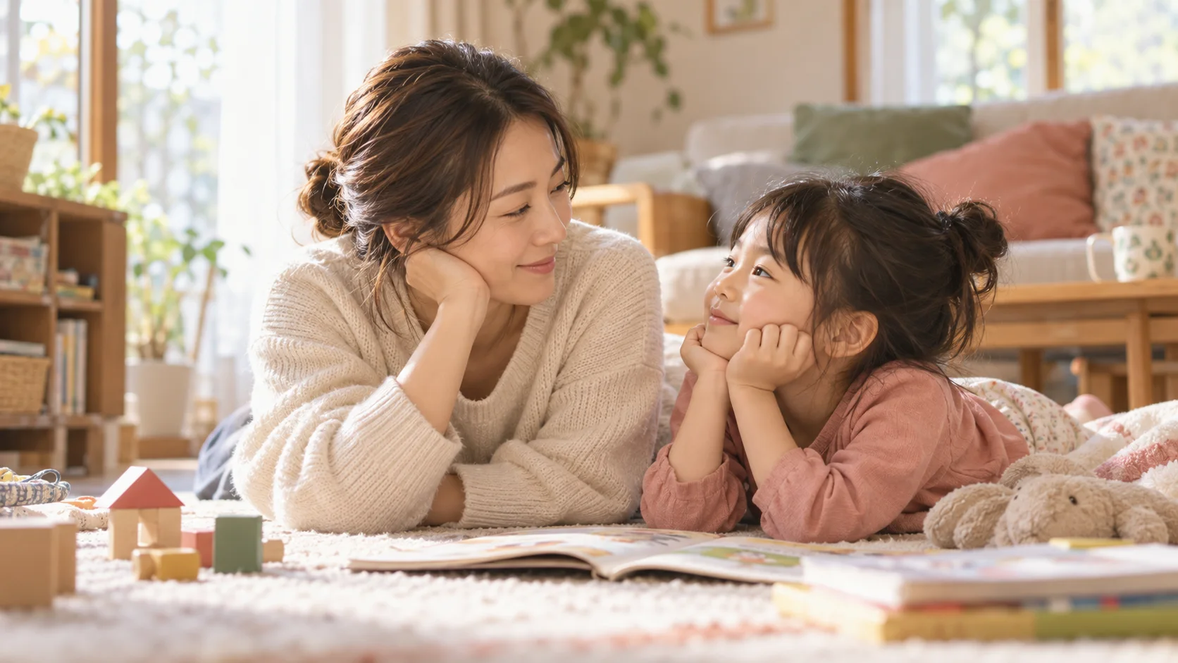 子育ての悩みを話す親子